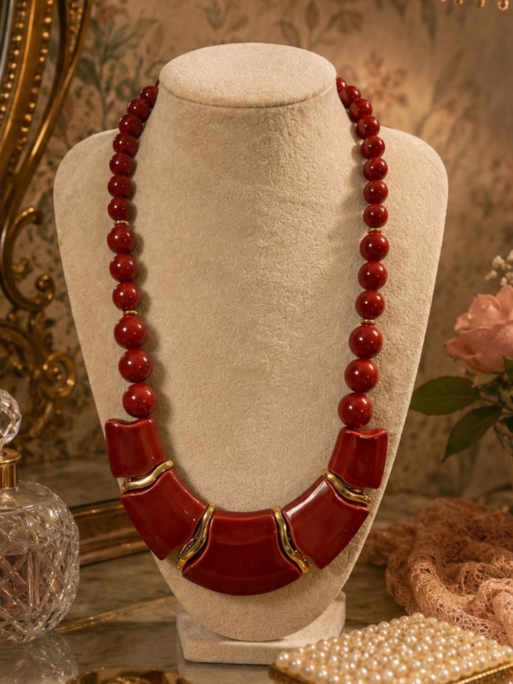 Vintage Japan Modernist Ceramic & Acrylic Necklace Red Gold Tone Golden Girls